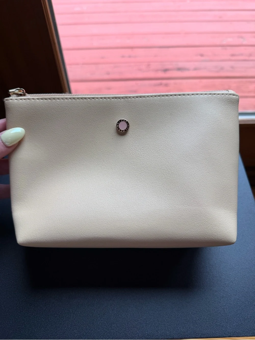 Bulgari Cream Blush Leather Cosmetic Pouch Metal Logo NWOT (8” by 5” by 2.5”)
